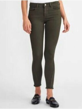 DL1961 Margaux Dark Olive Raw Hem Mid Rise Intrasculpt Skinny Jeans.